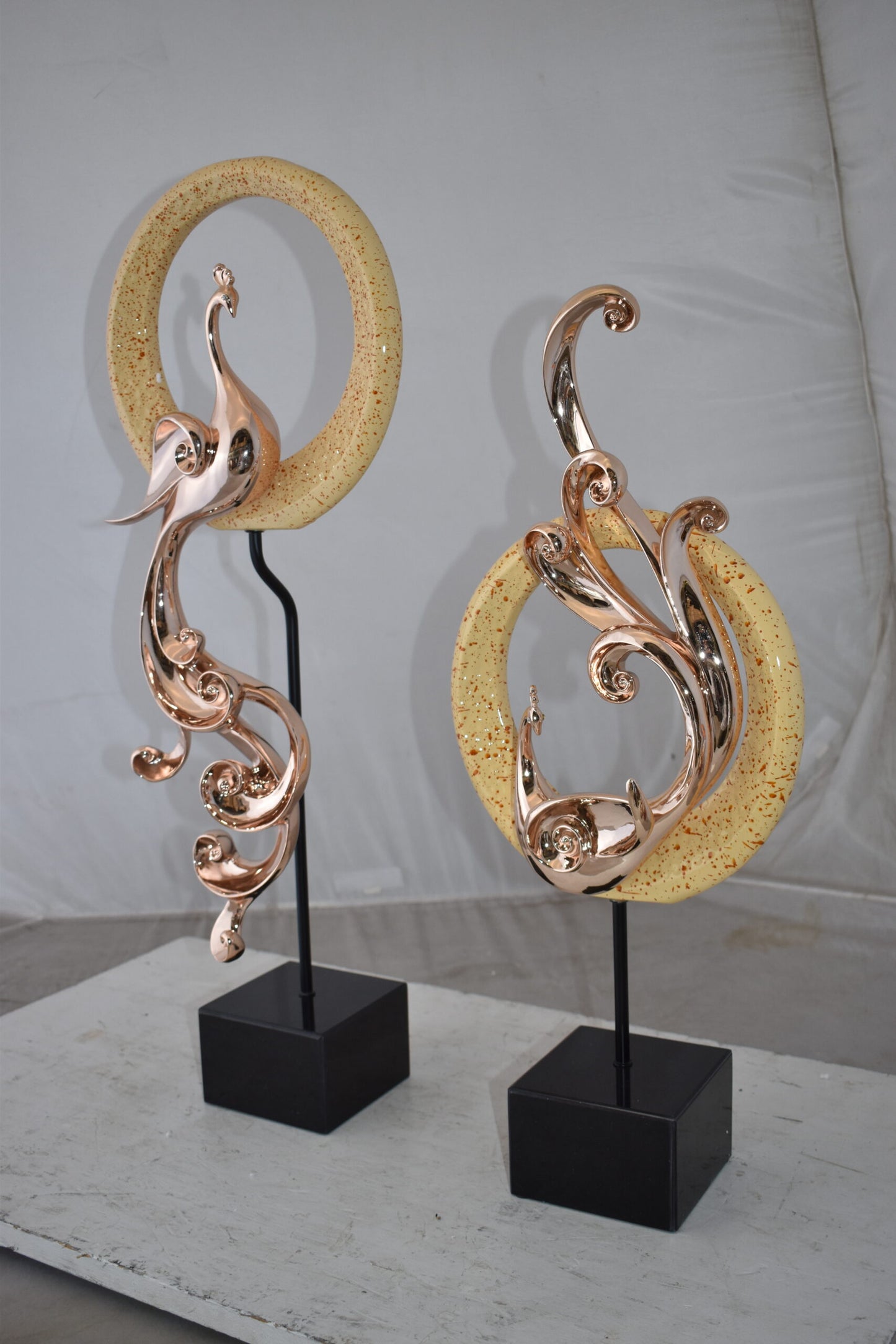 Set of Graceful Rose Gold Finished Peacocks Resin Statue Size: 11" x 6" x 28"H