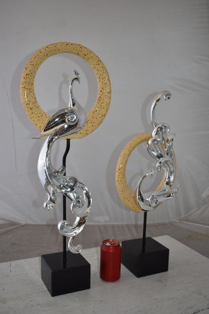 Set of Graceful Silver Finish Peacocks Resin Statue Size: 11" x 6" x 28"H