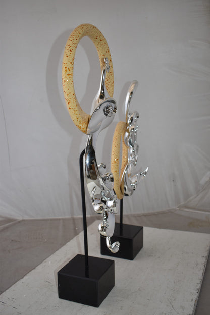 Set of Graceful Silver Finish Peacocks Resin Statue Size: 11" x 6" x 28"H