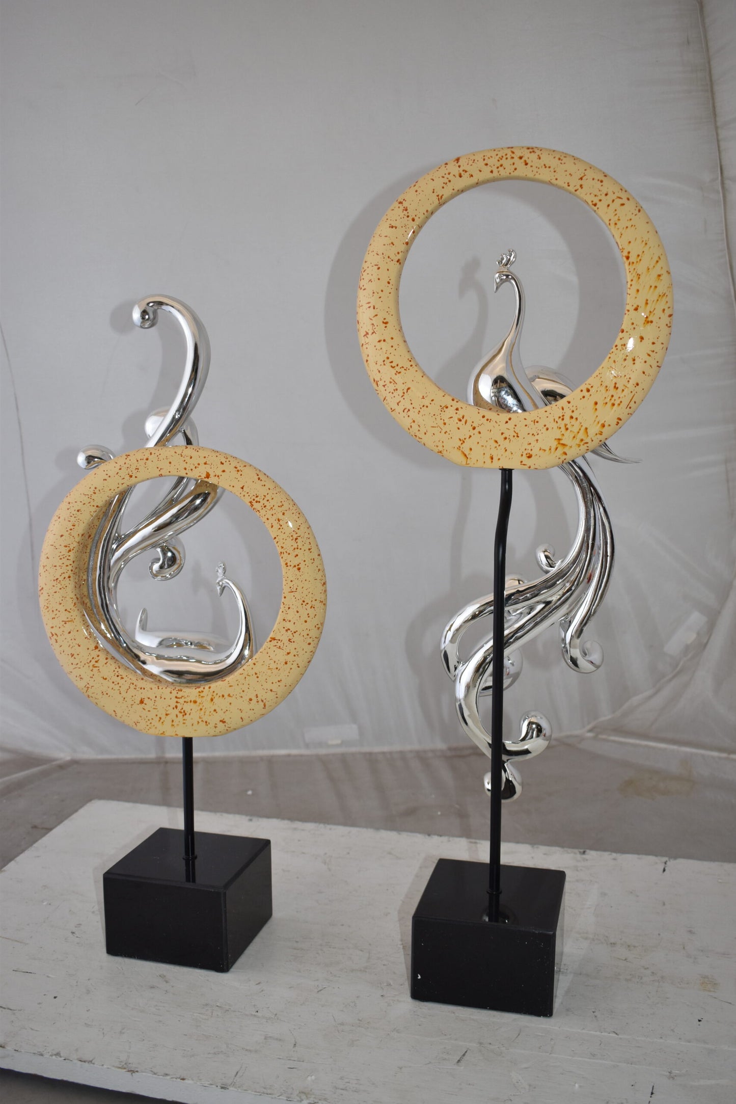 Set of Graceful Silver Finish Peacocks Resin Statue Size: 11" x 6" x 28"H