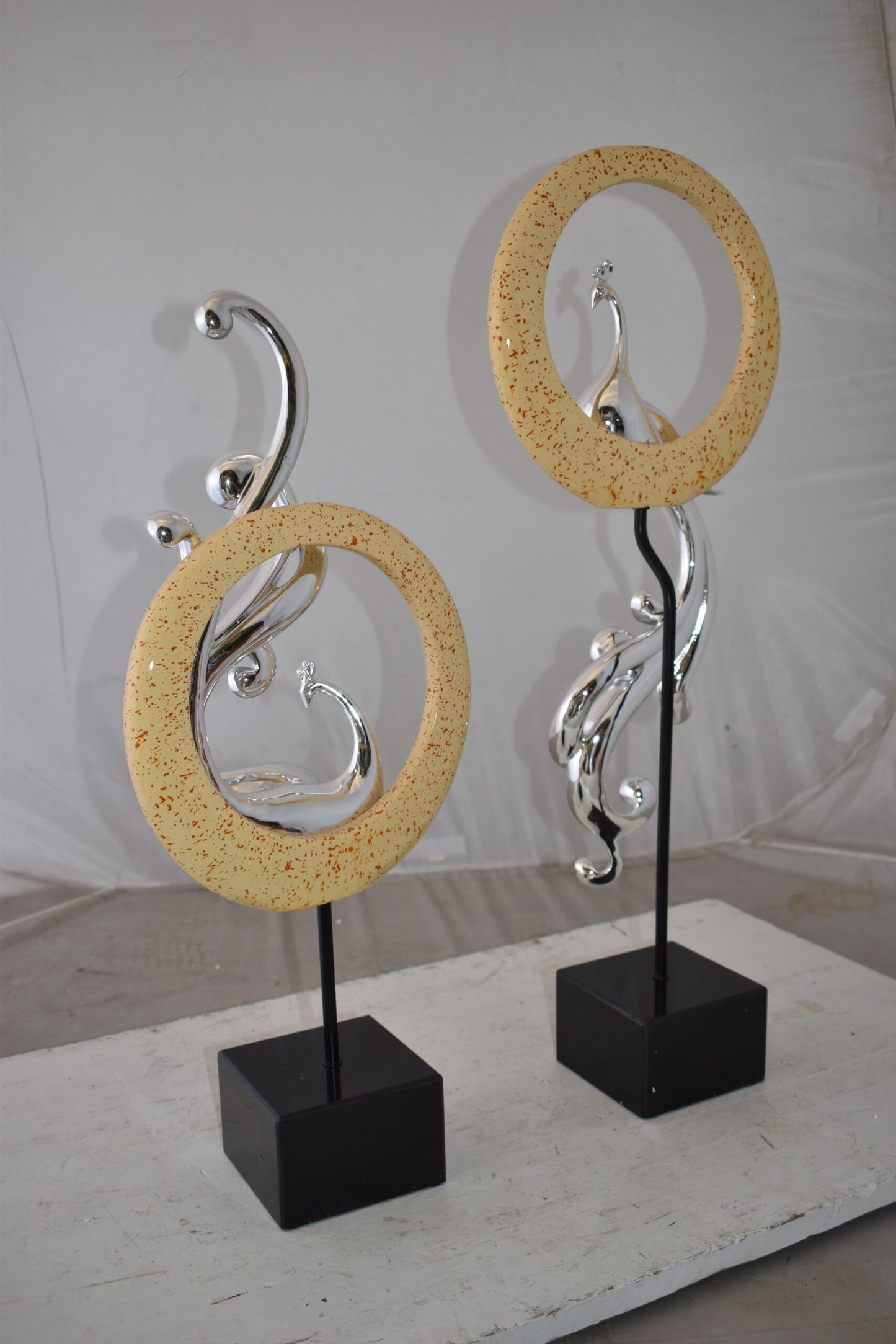 Set of Graceful Silver Finish Peacocks Resin Statue Size: 11" x 6" x 28"H