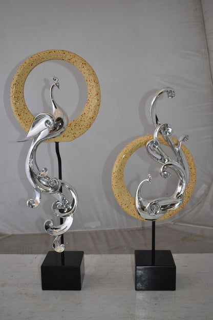 Set of Graceful Silver Finish Peacocks Resin Statue Size: 11" x 6" x 28"H