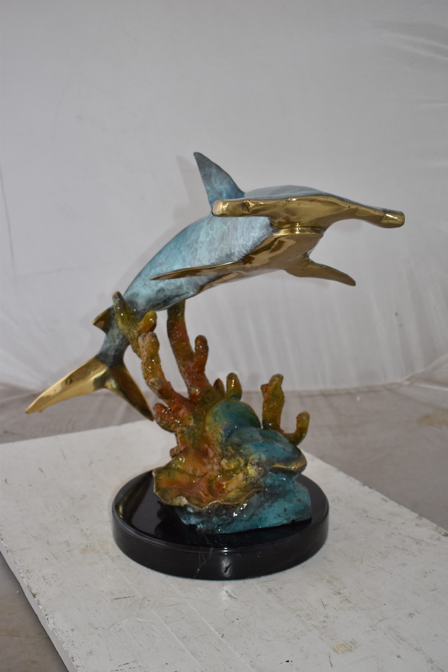 Hammer Shark swimming At Sea Bronze Statue Size: 23" x 12" x 19"H