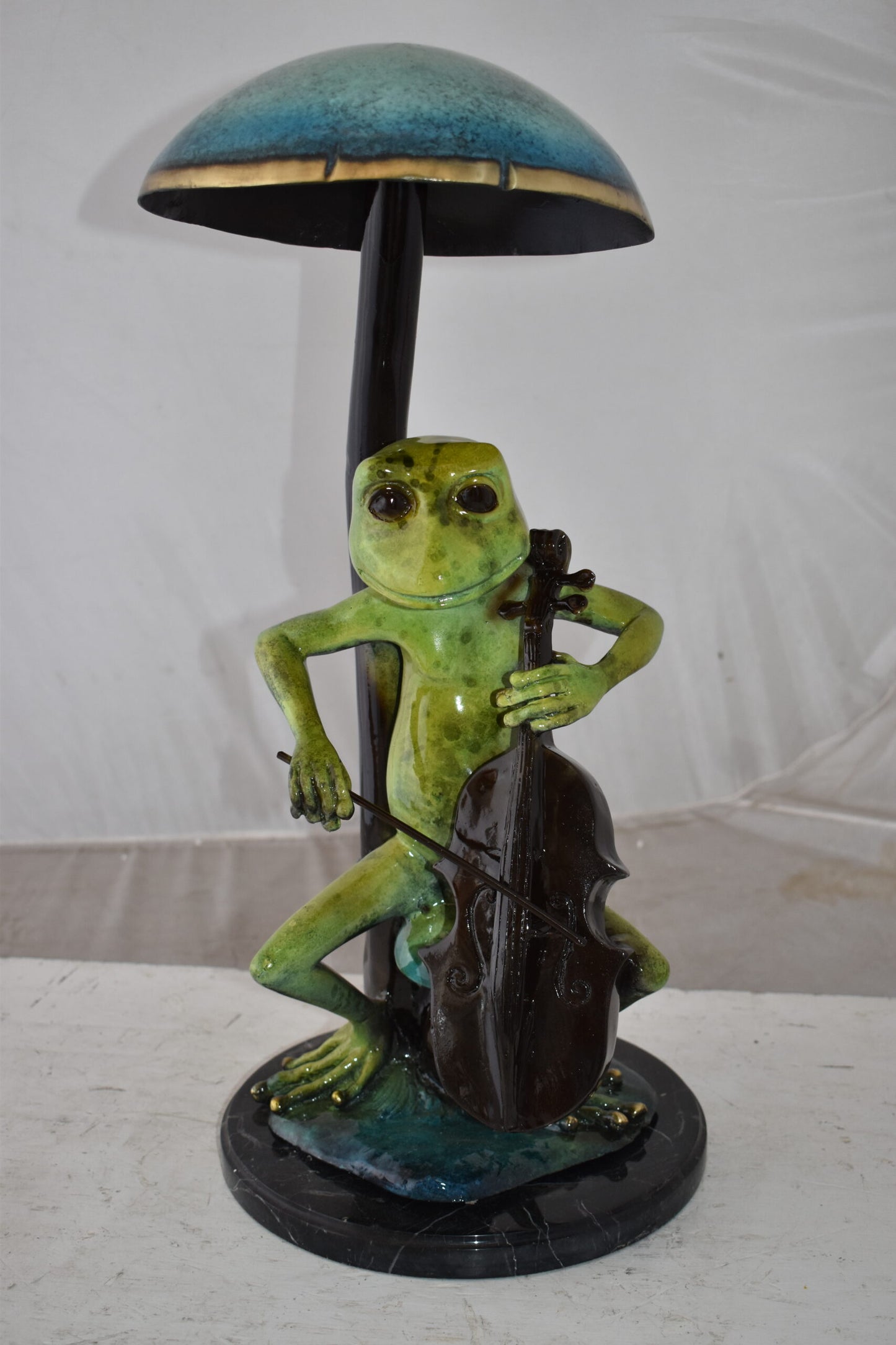 Frog Playing Cello colored Bronze Statue Size: 12" x 11" x 24"H