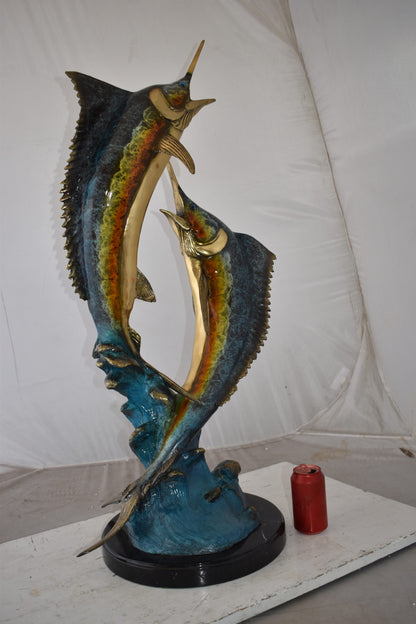 Pair of Marlin Fish At Sea Bronze Statue Size: 15" x 17" x 40"H