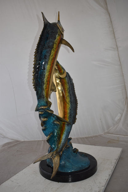 Pair of Marlin Fish At Sea Bronze Statue Size: 15" x 17" x 40"H