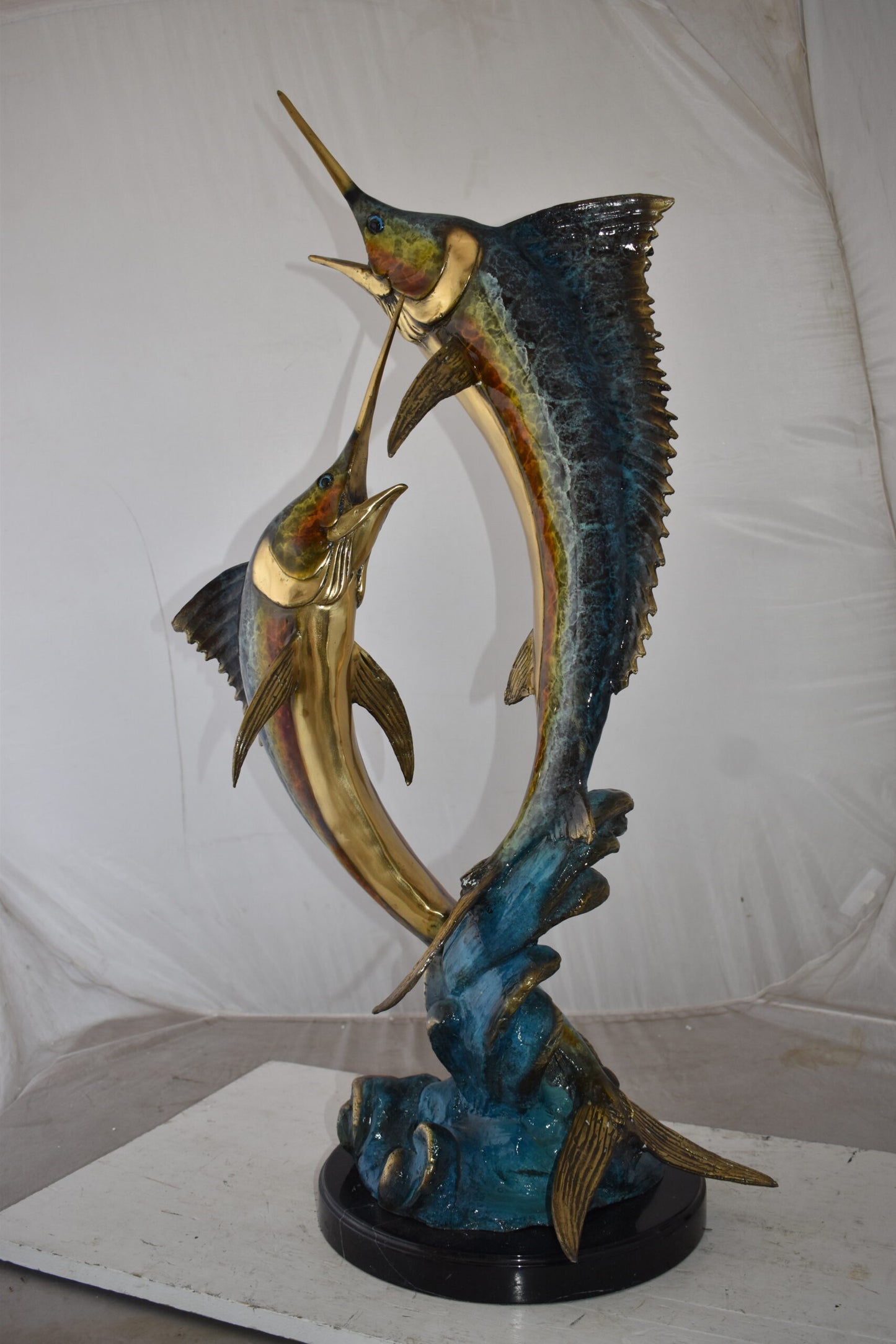 Pair of Marlin Fish At Sea Bronze Statue Size: 15" x 17" x 40"H