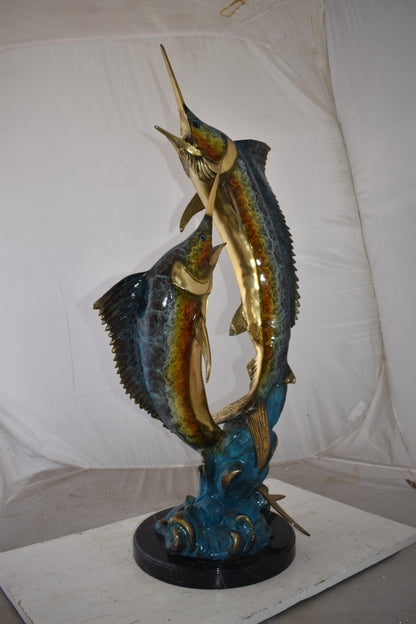 Pair of Marlin Fish At Sea Bronze Statue Size: 15" x 17" x 40"H