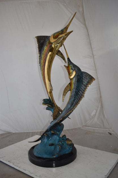 Pair of Marlin Fish At Sea Bronze Statue Size: 15" x 17" x 40"H