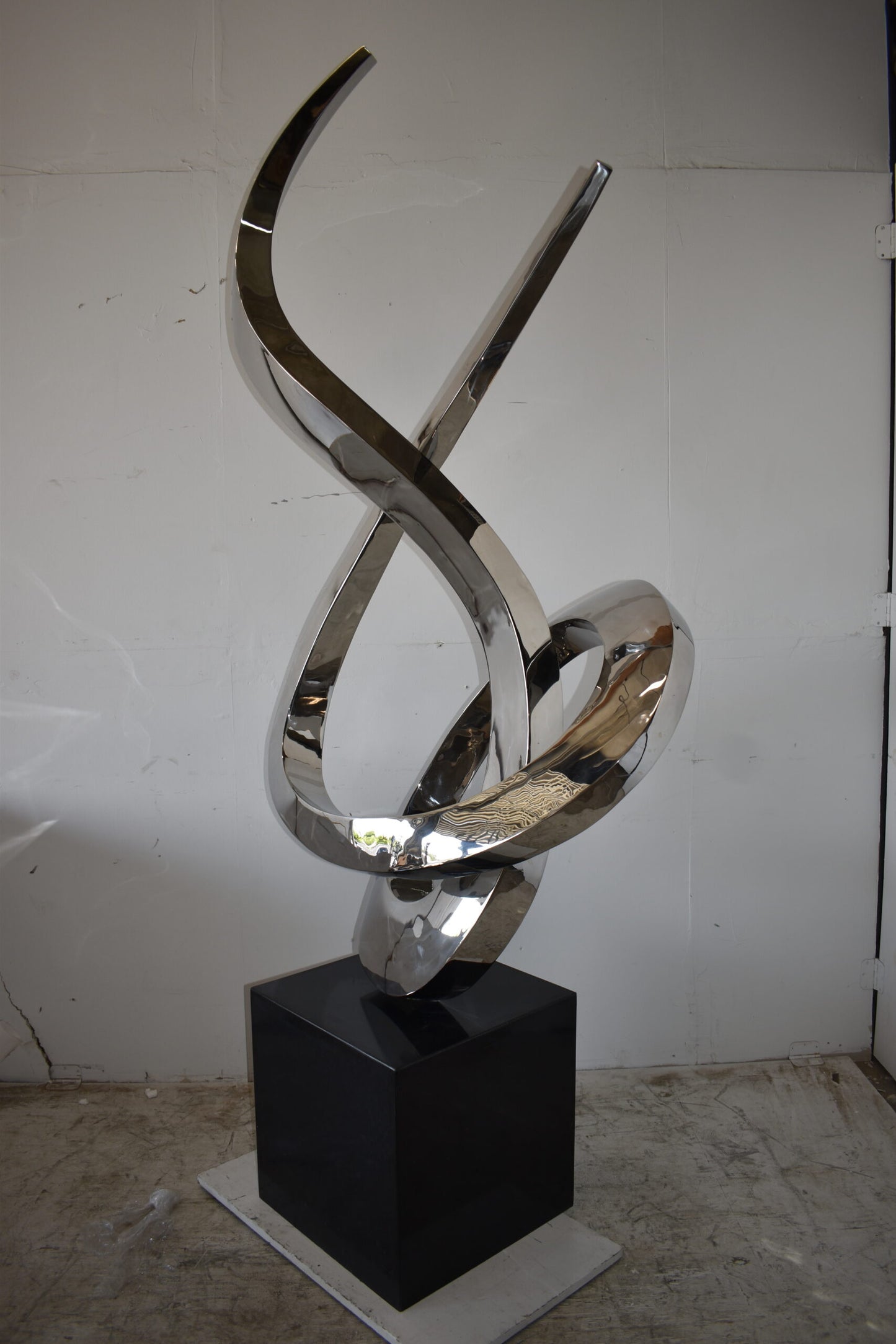 Modern Giant Stainless Steel Sculpture With Marble Base Size: 38" x 24" x 98"H