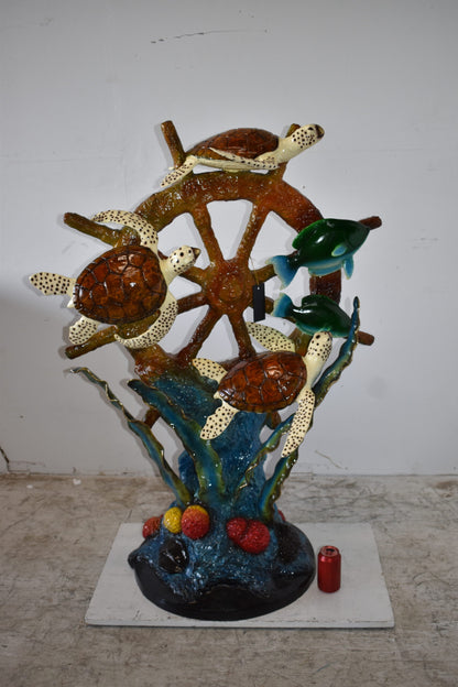 Sunken Nautical Wheel with Sea Creatures Bronze Statue Size: 39" x 23" x 51"H