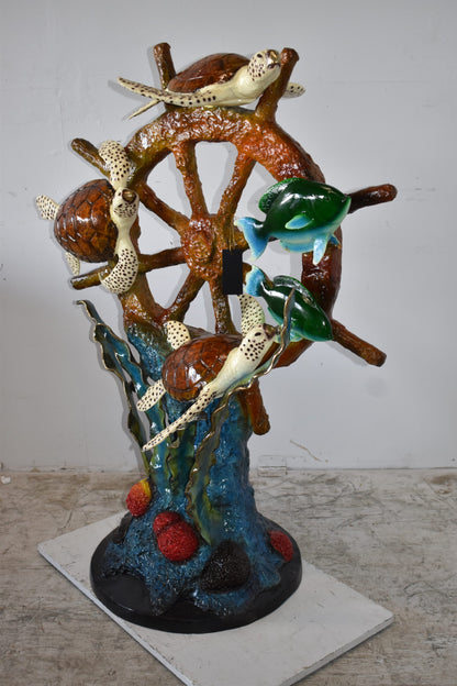 Sunken Nautical Wheel with Sea Creatures Bronze Statue Size: 39" x 23" x 51"H
