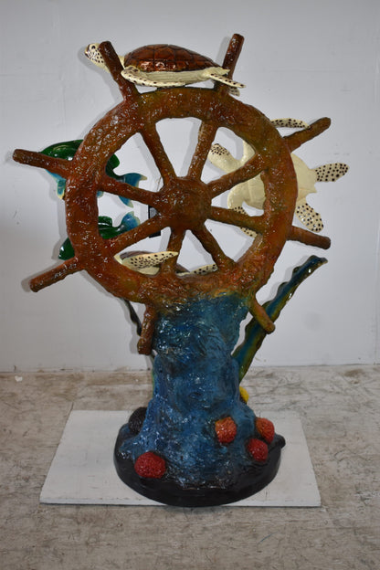 Sunken Nautical Wheel with Sea Creatures Bronze Statue Size: 39" x 23" x 51"H