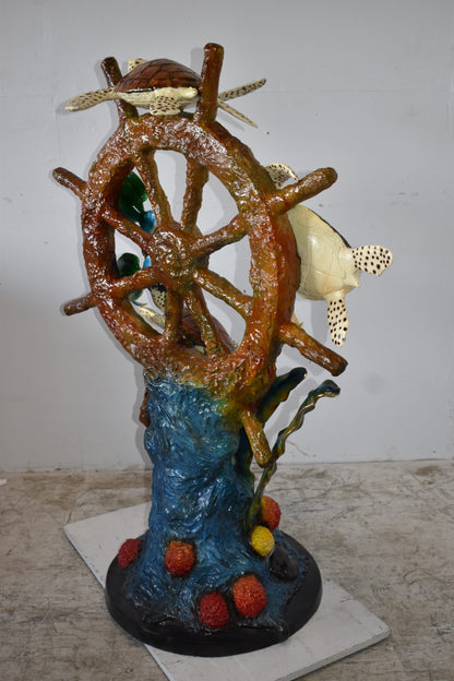 Sunken Nautical Wheel with Sea Creatures Bronze Statue Size: 39" x 23" x 51"H