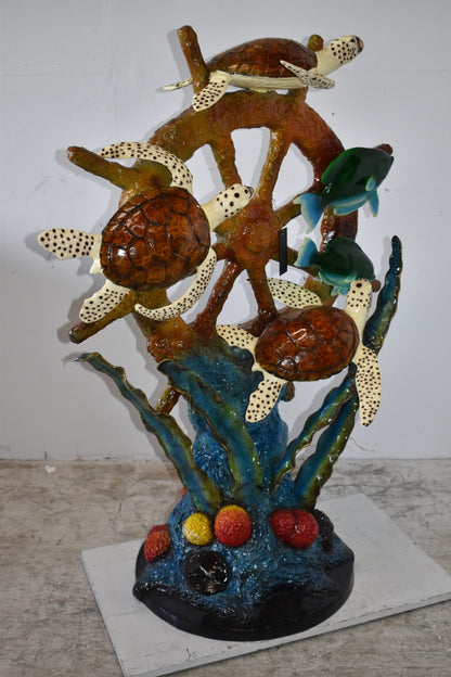 Sunken Nautical Wheel with Sea Creatures Bronze Statue Size: 39" x 23" x 51"H