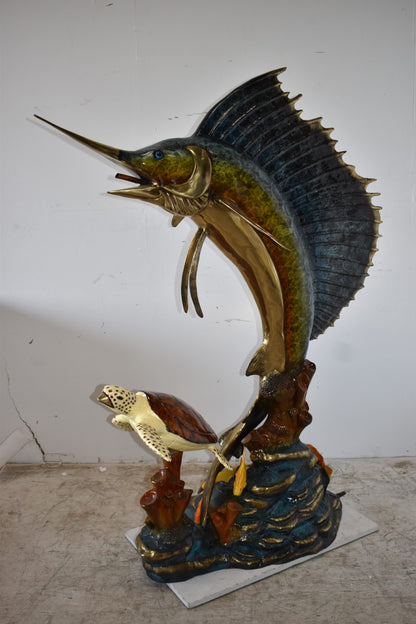 Sailfish and a Large Sea Turtle Bronze Statue Size: 47" x 29" x 68"H