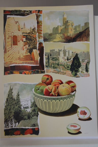 Jerusalem landscape and Fruit serigraph, Arie Azene -  Size: 18"L x 26"W