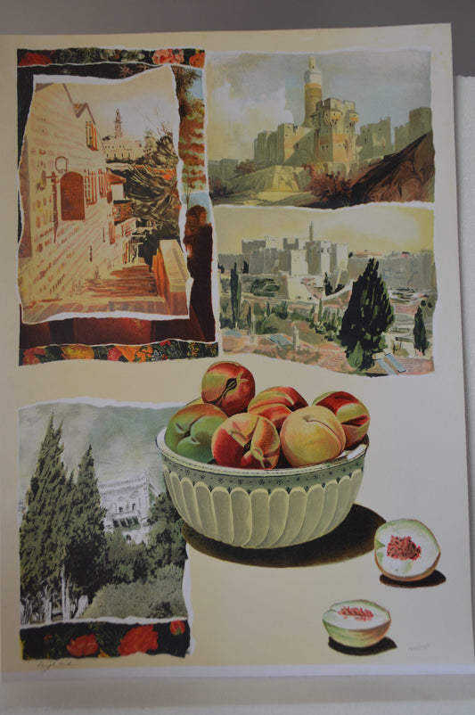 Jerusalem landscape and Fruit serigraph, Arie Azene -  Size: 18"L x 26"W