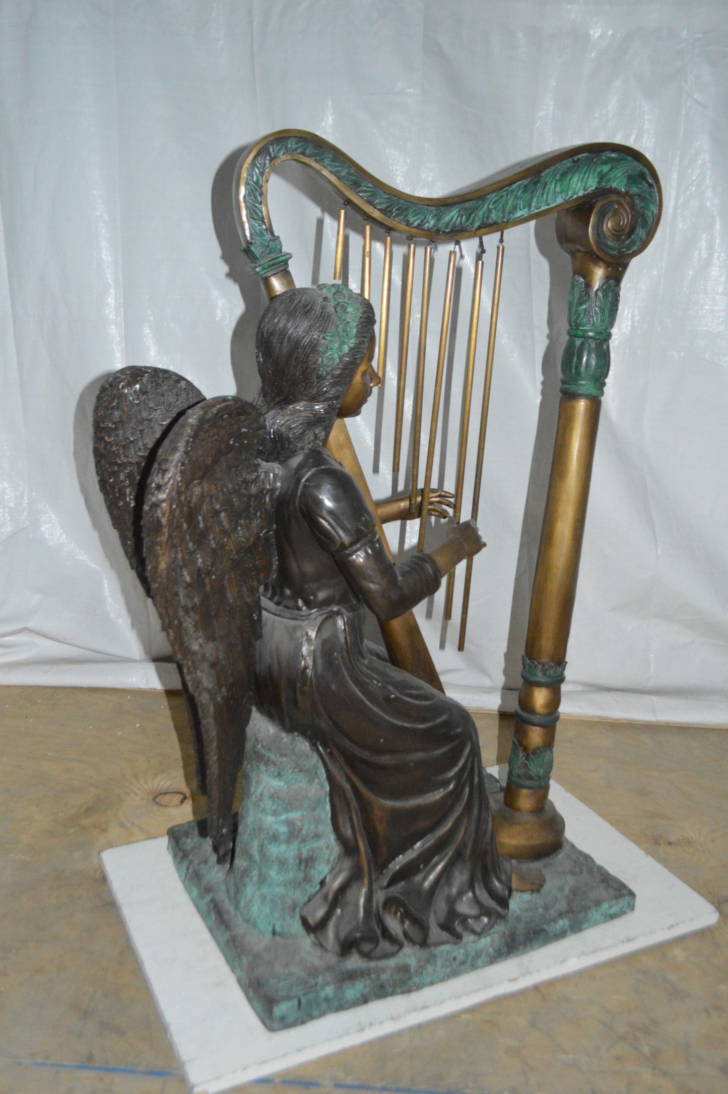 Angel playing a harp bronze statue -  Size: 30"L x 15"W x 44"H.