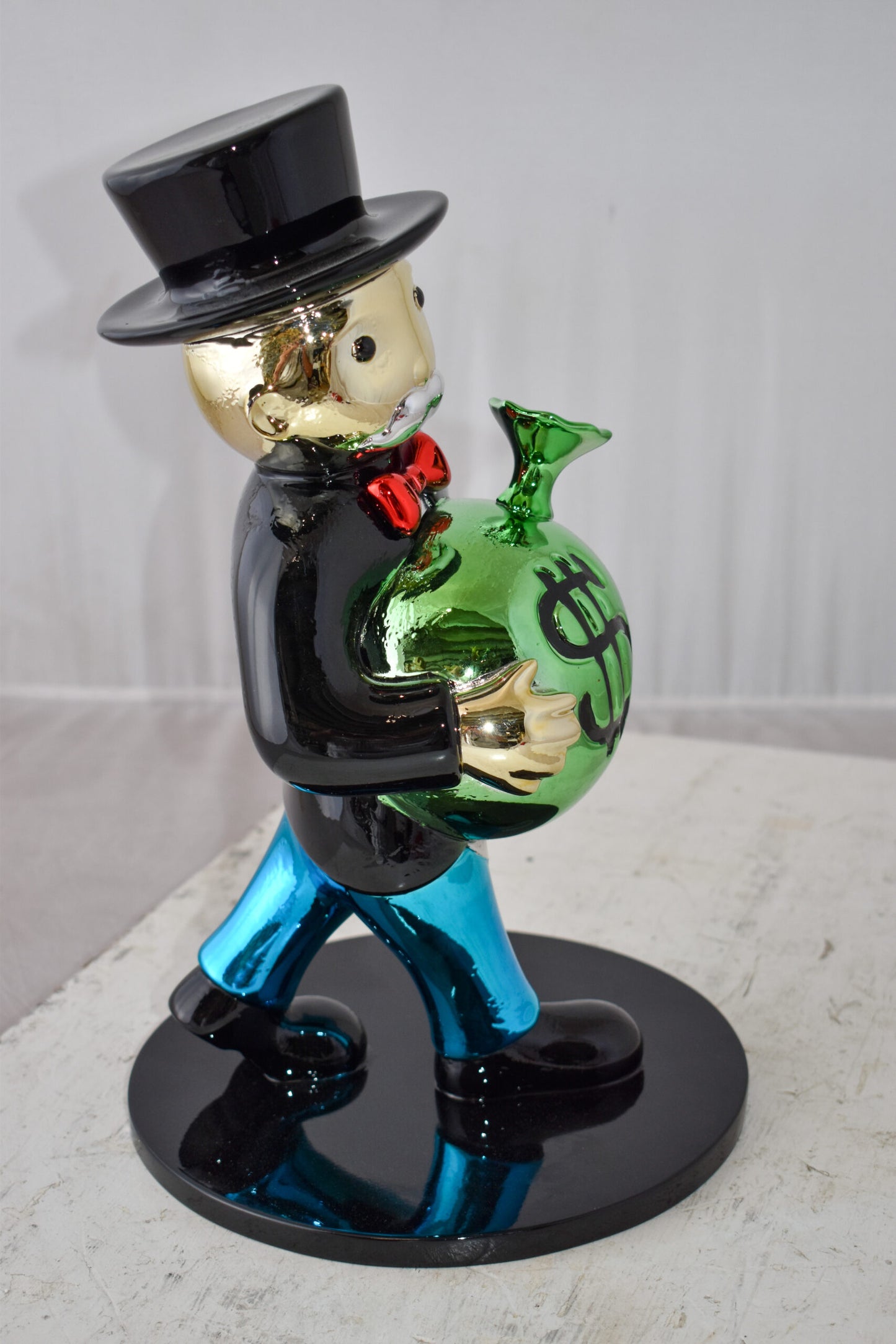 Vibrant Monopoly Man Holding Money Bag Resin Statue Small Size: 10" x 10" x 16"H