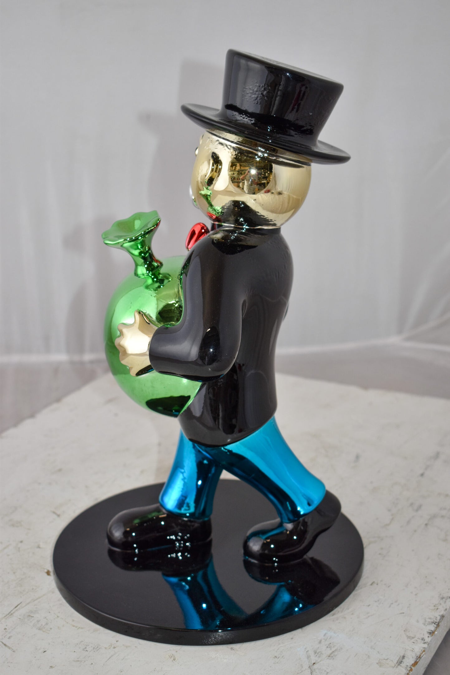Vibrant Monopoly Man Holding Money Bag Resin Statue Small Size: 10" x 10" x 16"H