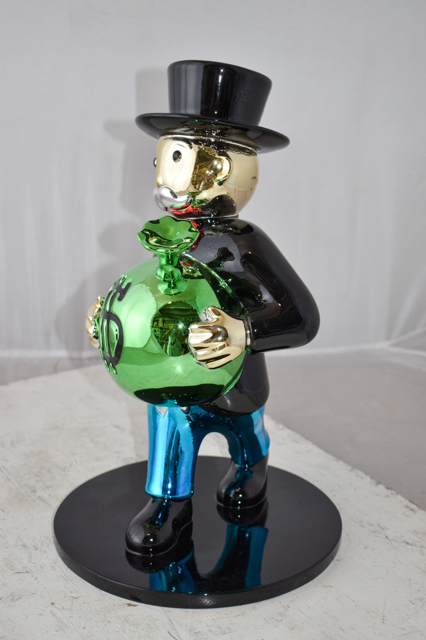 Vibrant Monopoly Man Holding Money Bag Resin Statue Small Size: 10" x 10" x 16"H
