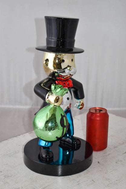 Frowning Monopoly Man Holding Money Bag Resin Statue Small Size: 7" x 8" x 15"H