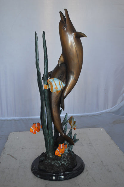 Two dolphins with fish, table top bronze statue. -  Size: 8"L x 8"W x 22"H.
