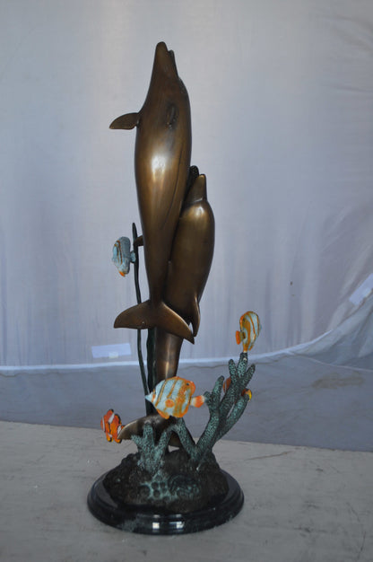 Two dolphins with fish, table top bronze statue. -  Size: 8"L x 8"W x 22"H.