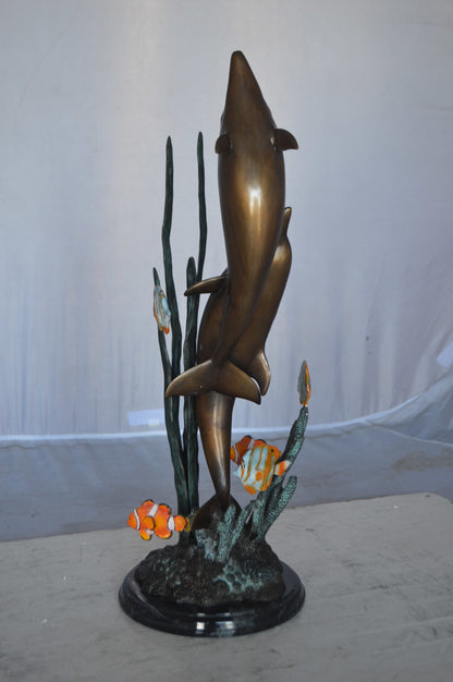 Two dolphins with fish, table top bronze statue. -  Size: 8"L x 8"W x 22"H.