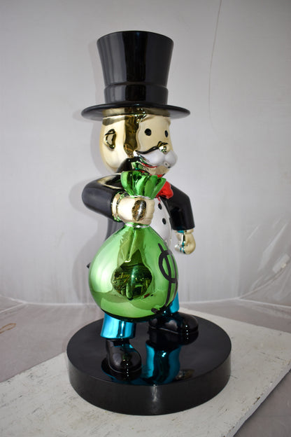 Frowning Monopoly Man Holding Money Bag Resin Statue Large 17" x 15" x 31"H