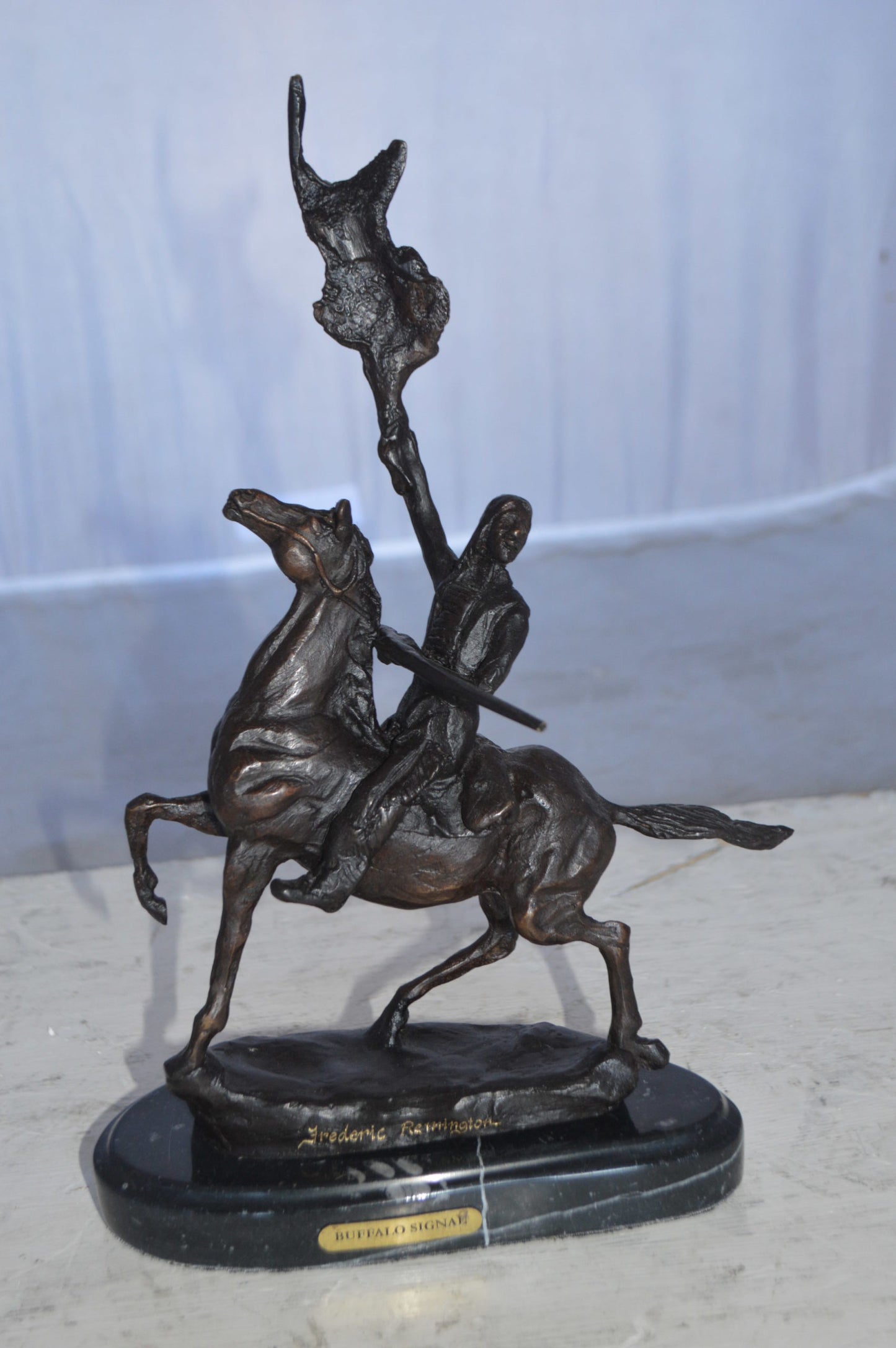 Buffalo Signal Bronze Statue by Remington 13H -  Size: 8"L x 3"W x 13"H.