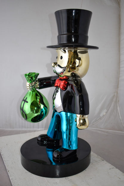 Frowning Monopoly Man Holding Money Bag Resin Statue Large 17" x 15" x 31"H