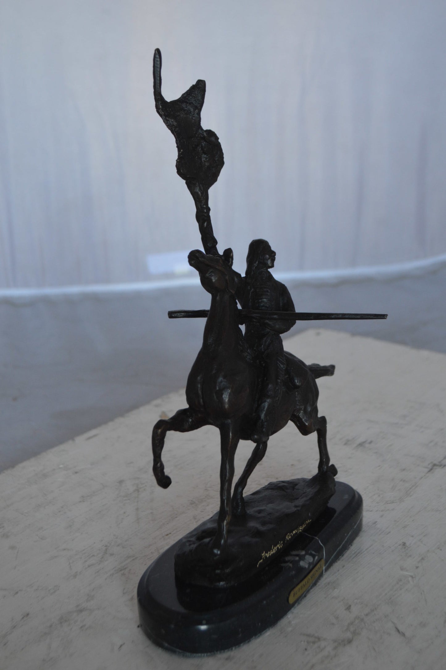 Buffalo Signal Bronze Statue by Remington 13H -  Size: 8"L x 3"W x 13"H.