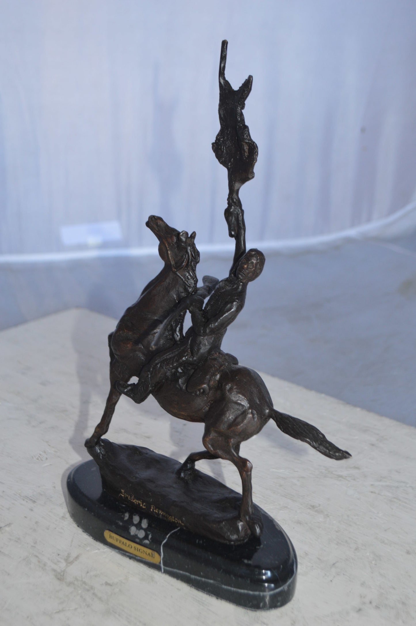 Buffalo Signal Bronze Statue by Remington 13H -  Size: 8"L x 3"W x 13"H.