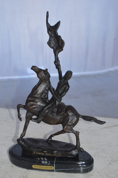 Buffalo Signal Bronze Statue by Remington 13H -  Size: 8"L x 3"W x 13"H.