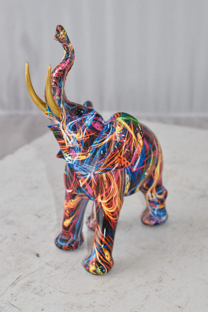 Elephant With His Trunk Up Colored Modern Resin Statue Size: 8" x 4" x 10"H