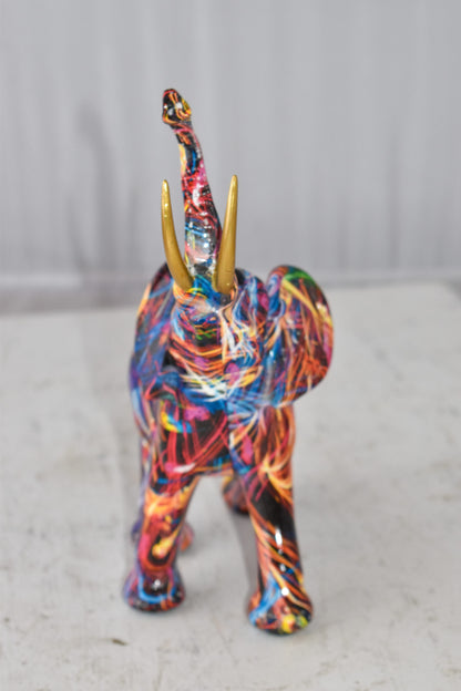 Elephant With His Trunk Up Colored Modern Resin Statue Size: 8" x 4" x 10"H
