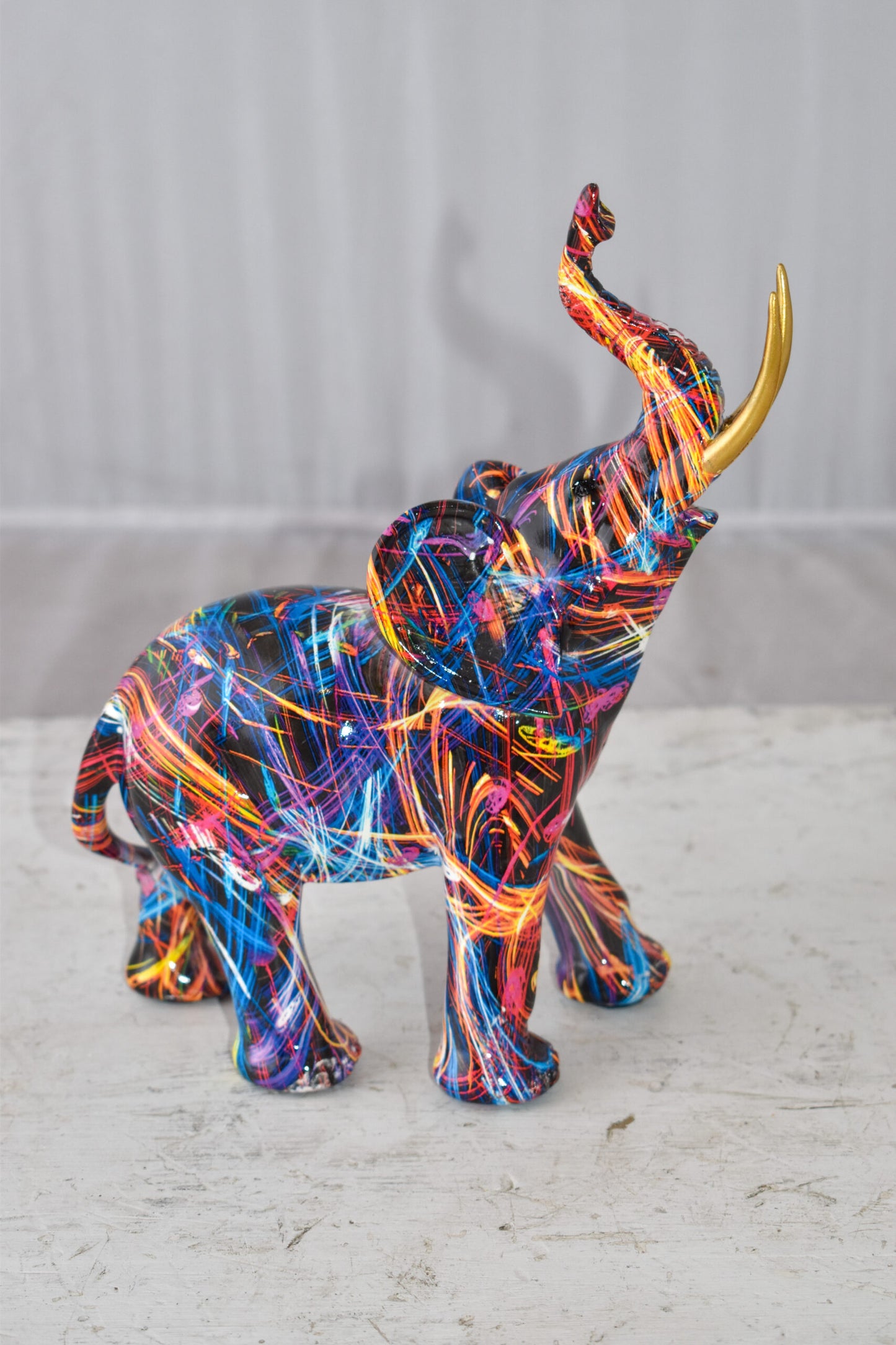 Elephant With His Trunk Up Colored Modern Resin Statue Size: 8" x 4" x 10"H