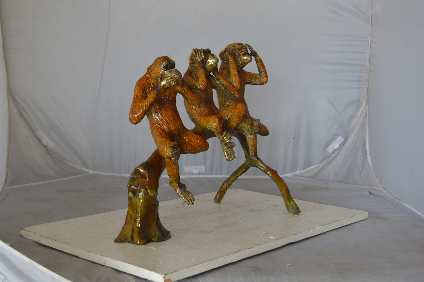 Three wise monkeys on a tree branch bronze statue - Size: 27"L x 11"W x 18"H.