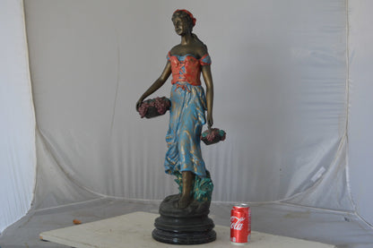 Beautiful lady with grapes bronze statue  - Size: 14"L x 6"W x 20"H.