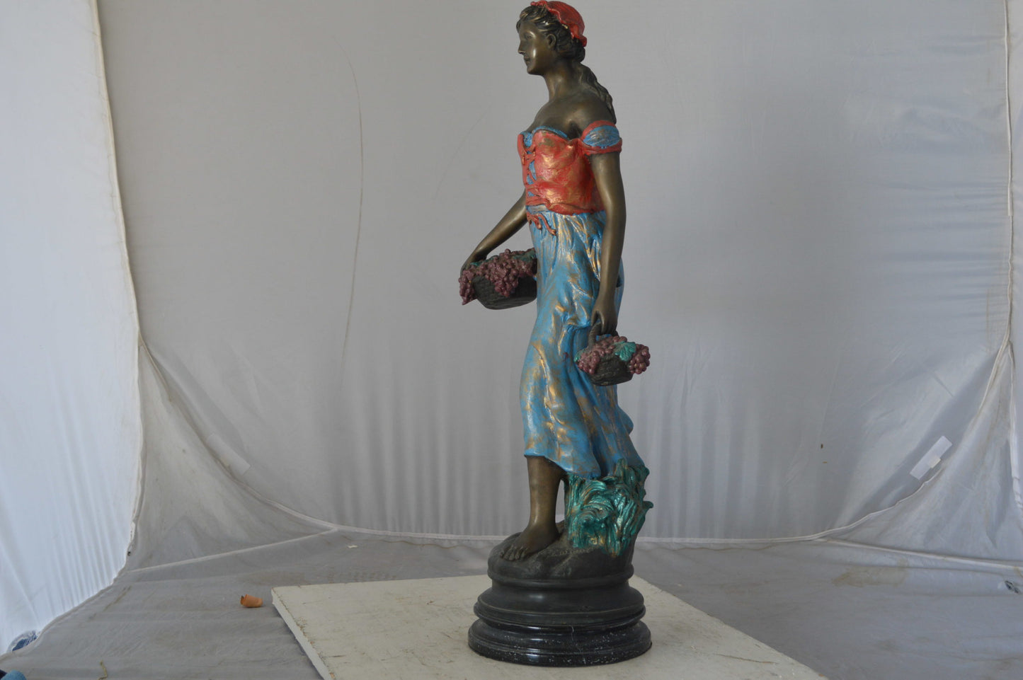 Beautiful lady with grapes bronze statue  - Size: 14"L x 6"W x 20"H.