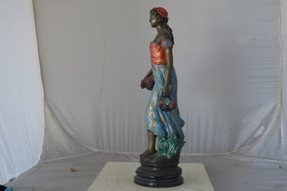 Beautiful lady with grapes bronze statue  - Size: 14"L x 6"W x 20"H.