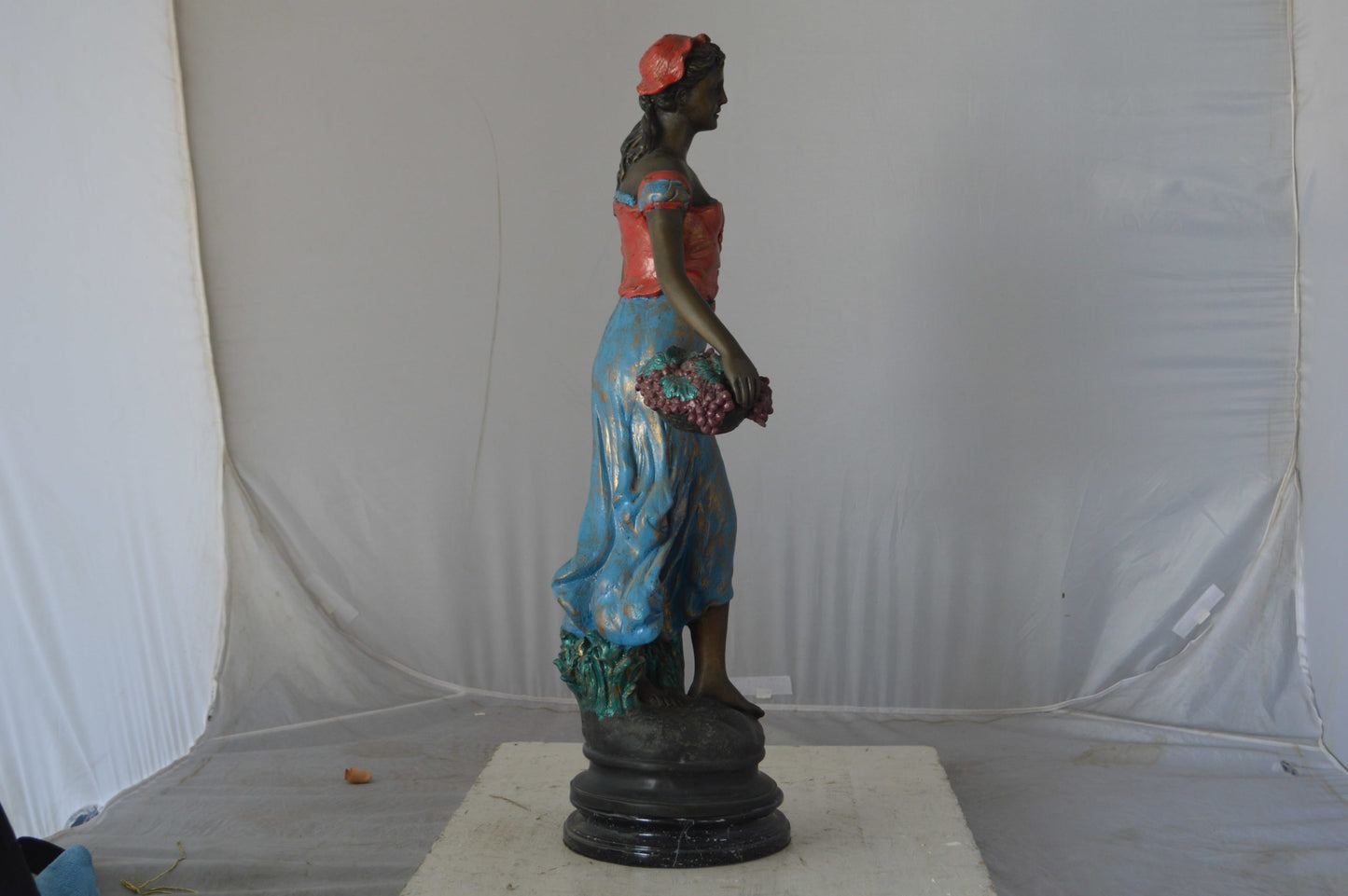 Beautiful lady with grapes bronze statue  - Size: 14"L x 6"W x 20"H.