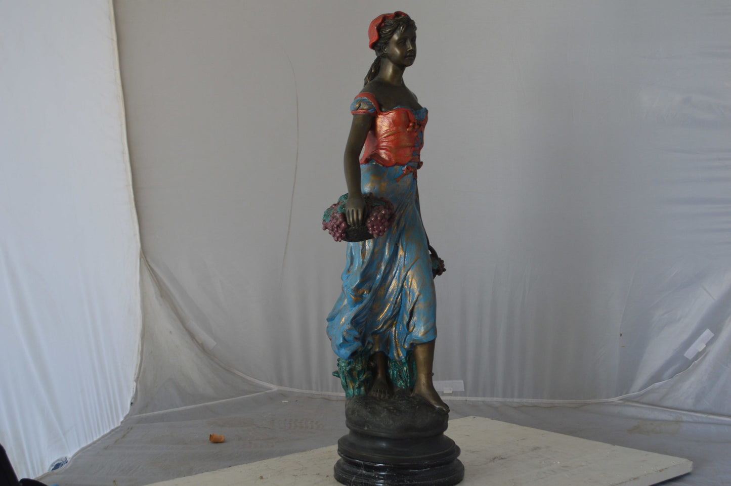 Beautiful lady with grapes bronze statue  - Size: 14"L x 6"W x 20"H.