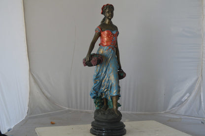 Beautiful lady with grapes bronze statue  - Size: 14"L x 6"W x 20"H.