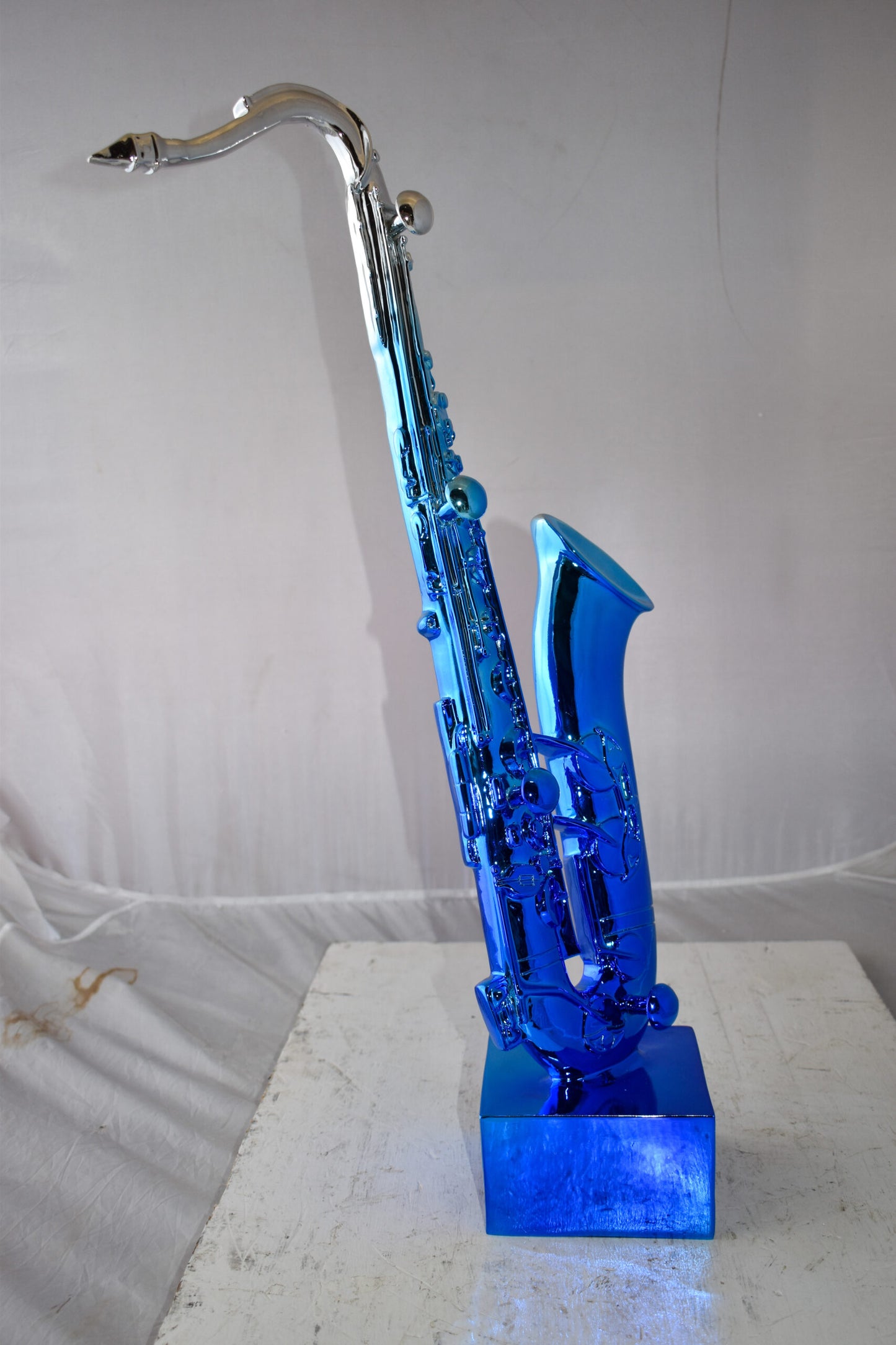 Modern Art Blue and Silver Saxophone Statue Made of Resin Size: 10" x 8" x 28"H