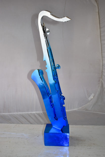 Modern Art Blue and Silver Saxophone Statue Made of Resin Size: 10" x 8" x 28"H