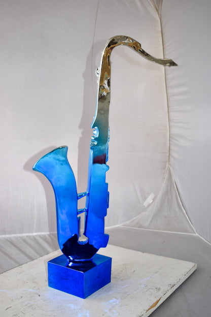 Modern Art Blue and Silver Saxophone Statue Made of Resin Size: 10" x 8" x 28"H