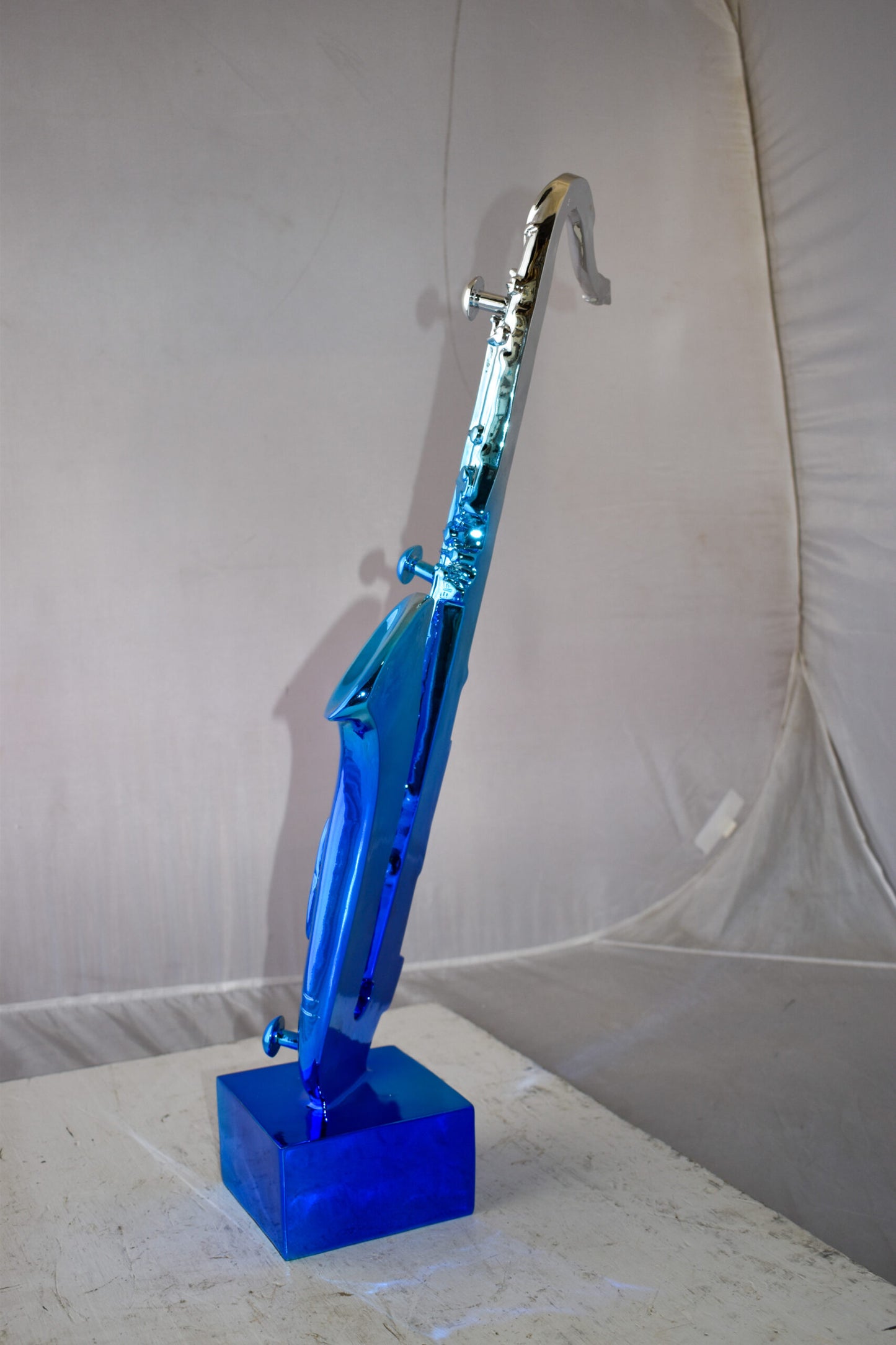 Modern Art Blue and Silver Saxophone Statue Made of Resin Size: 10" x 8" x 28"H